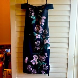 Off the shoulder cocktail dress never been use, navy blue/ light purple flower